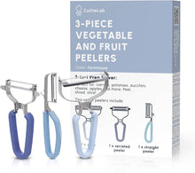 Load image into Gallery viewer, CuttleLab Vegetable Peeler Set – Serrated, Straight &amp; Wide Blades- great apple peeler &amp; potato peelers, Carrots, Zucchini, Cucumbers – Soft Grip Handle- Eye Remover – Dishwasher Safe (3, Farmhouse)