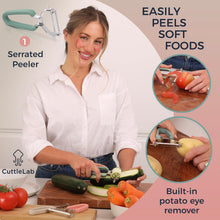 Load image into Gallery viewer, Vegetable Peeler Set – Serrated, Straight &amp; Wide Blades- great apple peeler &amp; potato peelers, Carrots, Zucchini, Cucumbers – Soft Grip Handle- Eye Remover – Dishwasher Safe (3, Country Chic)