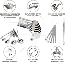 Load image into Gallery viewer, CuttleLab 22-Piece Stainless Steel Measuring Cups and Spoons Set, Tad Dash Pinch Smidgen Drop Mini Measuring Spoons, Measuring Stick Leveler, Measurement Conversion Chart Fridge Magnet, (Charcoal)