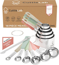 Load image into Gallery viewer, Measuring Cups and Measuring Spoons Set of 14 - Stainless Steel Measuring Cups and Spoons Set, Includes 1/8 Teaspoon Measuring Spoon, 1/8 Cup Measuring Cup, Leveler Dry (14, Country Chic)