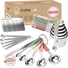 Load image into Gallery viewer, 22-Piece Stainless Steel Measuring Cups and Spoons Set, Tad Dash Pinch Smidgen Drop Mini Measuring Spoons, Measuring Stick Leveler, Measurement Conversion Chart Fridge Magnet, (Country Chic)