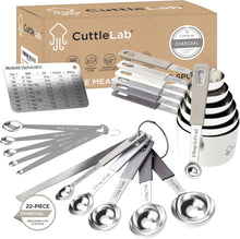 Load image into Gallery viewer, CuttleLab 22-Piece Stainless Steel Measuring Cups and Spoons Set, Tad Dash Pinch Smidgen Drop Mini Measuring Spoons, Measuring Stick Leveler, Measurement Conversion Chart Fridge Magnet, (Charcoal)